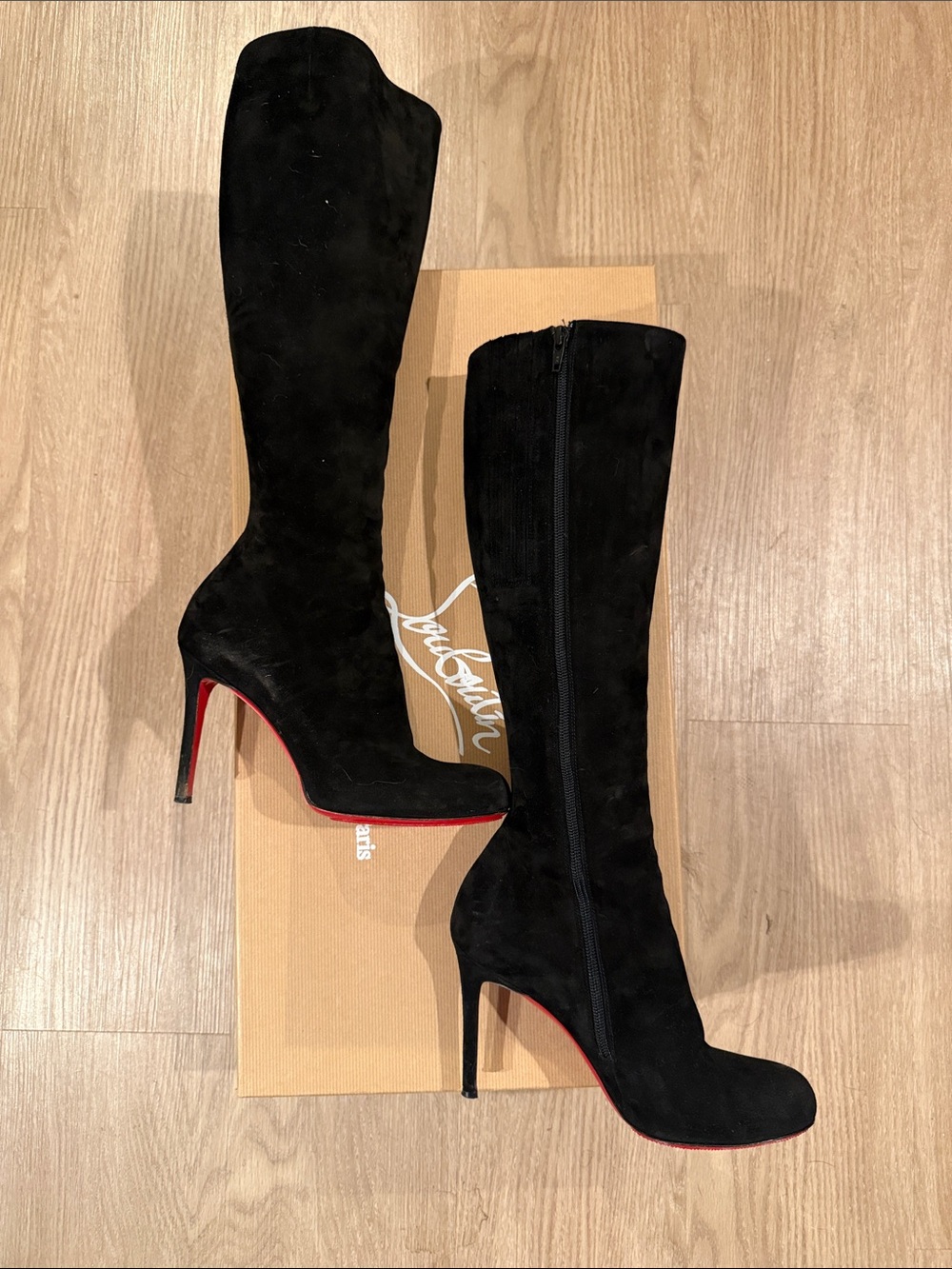 Christian Louboutin Black Suede Over-the-Knee Stiletto Boots with Red Soles